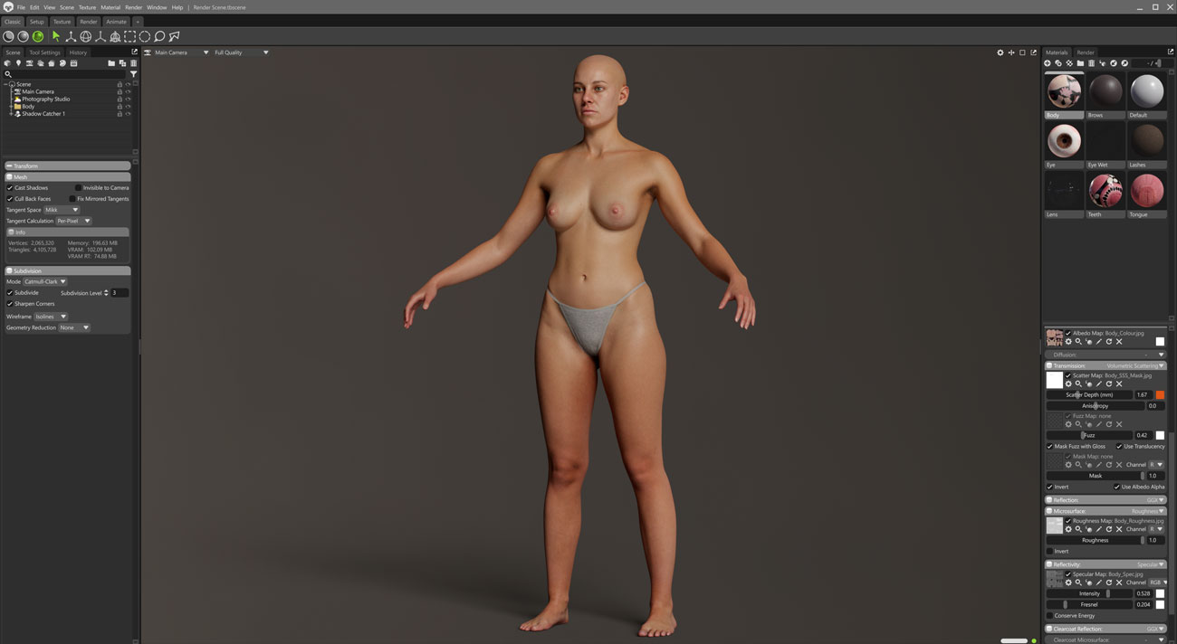 Marmoset Toolbag real-time render of a female full body 3D scan with PBR materials applied
